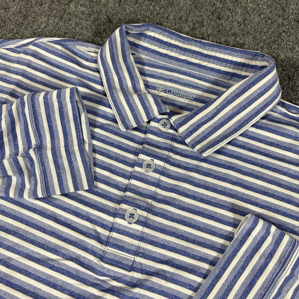 Coolibar Polo‎ Shirt Mens Sz Large Blue Long Sleeve Striped Golf Polo UPF 50+ UV